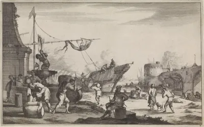 Haven met verschillende mensen rond een fontein