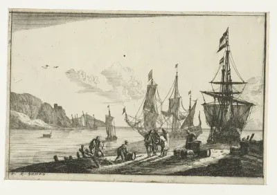 Haven met zeilschepen en zeelieden op de kade