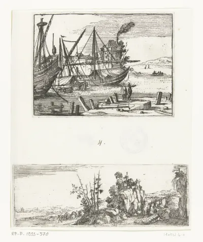 Havengezicht en Rotsachtig landschap met wandelaar