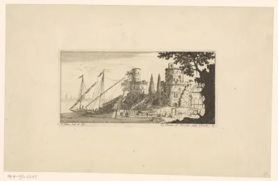Havengezicht met aangemeerd schip, stadswal en twee torens
