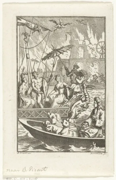 Havengezicht met bootjes en demonen voor brandend fort