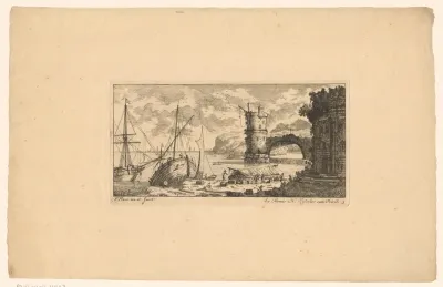 Havengezicht met brug naar een toren en werk aan een schip