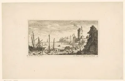 Havengezicht met scheepswerf en standbeeld op een zuil