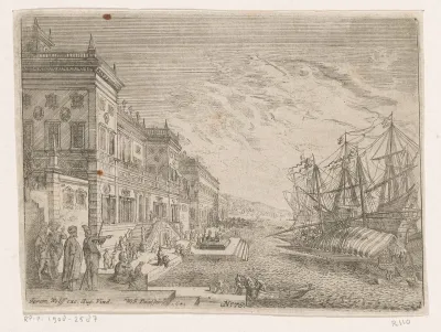 Havengezicht met schepen en een galei voor een paleis