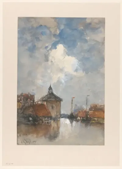 Havengezicht met schepen en een ronde toren