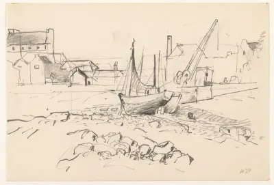 Havengezicht met schip op het droge en huizen