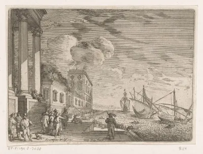 Havengezicht met zeilschepen, op de voorgrond mannen voor een loggia