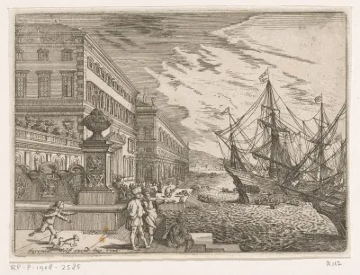 Havengezicht met zeilschepen voor een paleis
