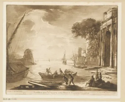 Havengezicht met zonsondergang en Romeinse poort