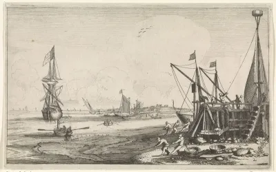 Havenhoofd met vissers die hun netten binnenhalen