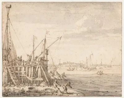 Havenhoofd met vissers die hun netten binnenhalen