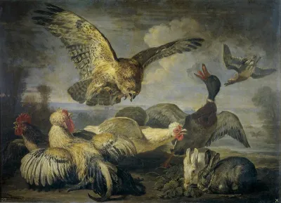 Havik valt kippen en eend aan; rechts twee konijnen