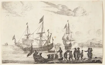Havnescene med skibe der salutterer