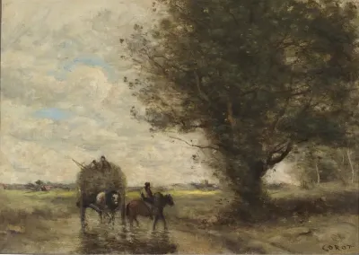 Hay wagon (the wagon moves a ford next a large tree)