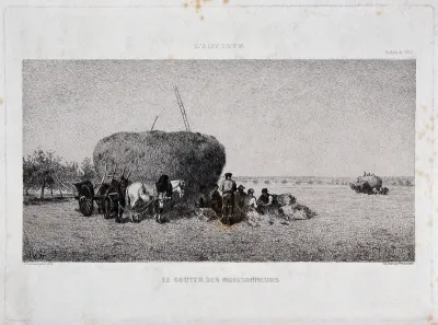 Haymakers sitting down in the shade of a hay-rick to eat