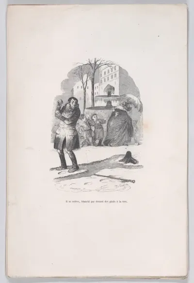 He gets up, covered from head to toe in snow, from "Little Miseries of Human Life"
