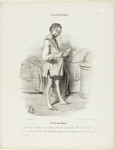 (He is reading a letter) “A date, could it be from the cute Mme Giraud?? Yes, but it could also come from her husband who wants to pinch me…,” plate 8 from Coquetterie