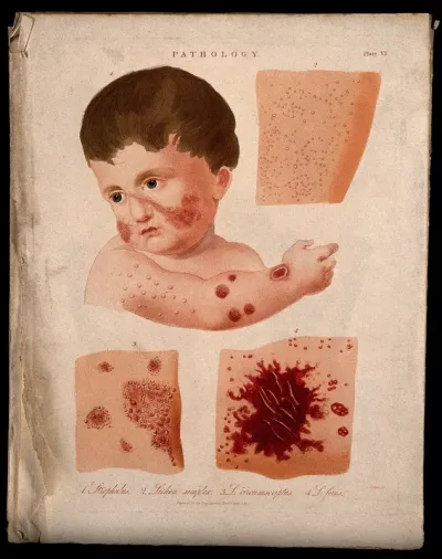Head and arm of a baby with a skin disease; and three patches of skin disease