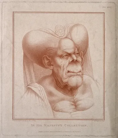 Head and shoulders of a hideous old woman wearing an escoffin over a wimple