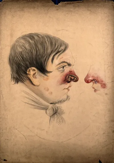 Head of a man seen in profile with a severe disease affecting his nose; and a detail of the nose as seen from the other side