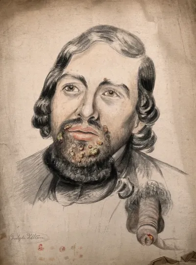 Head of a man with a disease affecting his face (around the mouth and chin); a diseased penis, and a group of sores in detail