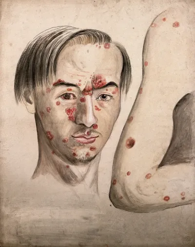 Head of a man with a severe disease affecting his face; and a section of diseased arm
