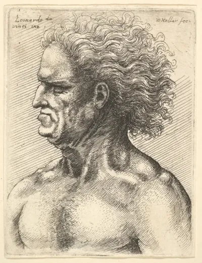 Head of a muscular old man in profile to left with flowing hair