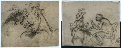 Head of a Screaming Man (recto); Woman and Man Playing Cards (verso)