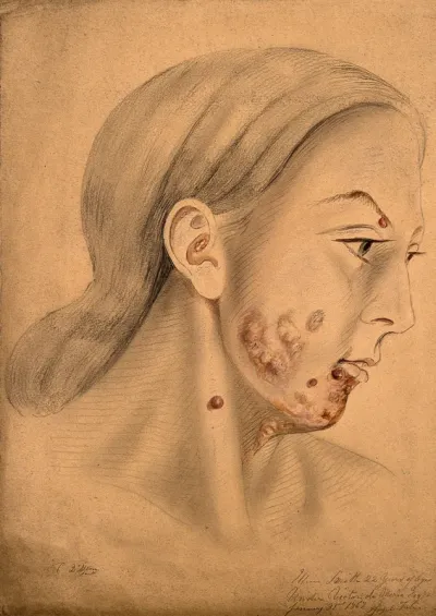 Head of a woman with a disease affecting her face (seen in profile)