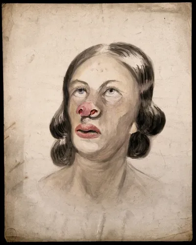 Head of a woman with a disease affecting her nose