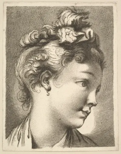 Head of a woman with her head turned to the left, from Livre de Têtes Gravées d'apres F. Boucher et Autres (Book of Heads Engraved after F. Boucher and Others)