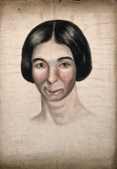 Head of a woman with rosy cheeks