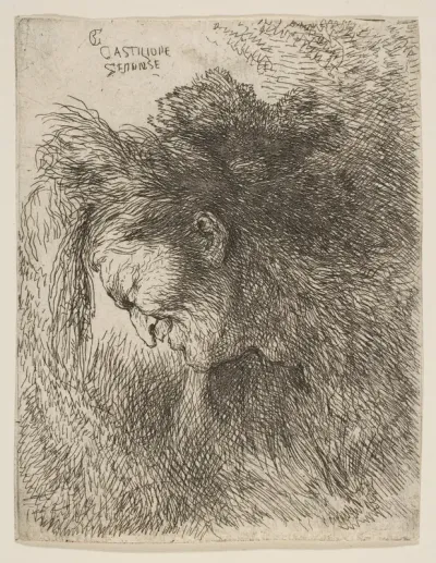 Head of an old man looking down, facing left, from "Small Heads in Oriental Headdress"