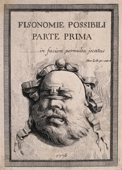 Head of an old man with a bandage laced through his hollow eye-sockets