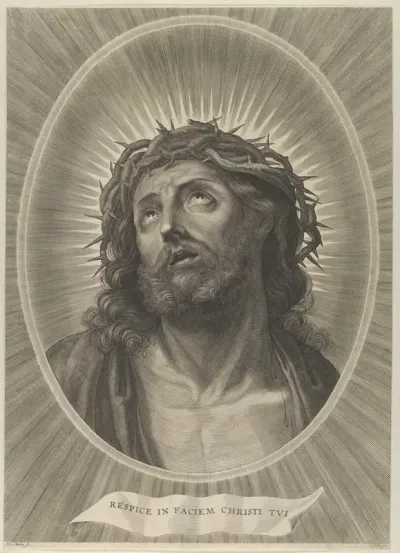 Head of Christ looking up with crown of thorns, in an oval frame, after Reni