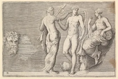 Head of Satyr and Three Figures, from "Ex Antiquis Cameorum et Gemmae Delineata/ Liber Secundus/et ab Enea Vico Parmen Incis"