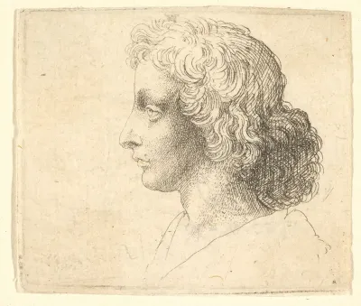 Head of young man with long hair in profile to the left