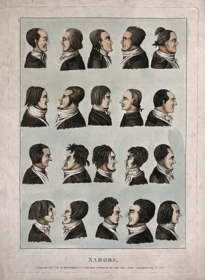 Heads and faces of twenty men facing one another in pairs