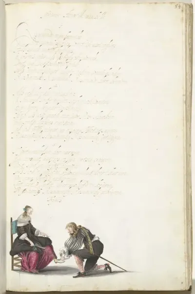 Heer die de schoenveter van een dame strikt