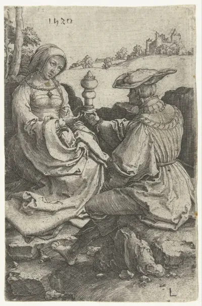 Heer en dame gezeten in een landschap
