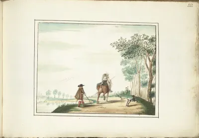 Heer en dame te paard en een voetganger in een landschap