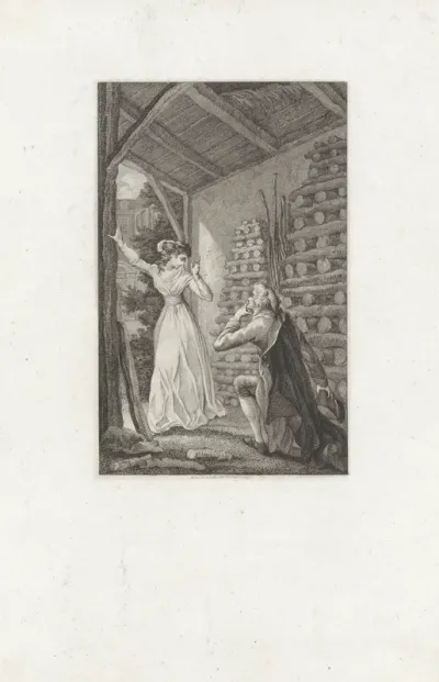 Heer knielt voor een dame in een schuur