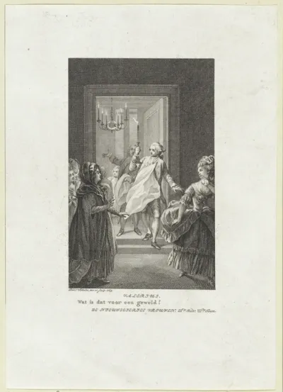 Heer met een kaars opent een deur waar enkele vrouwen voor staan