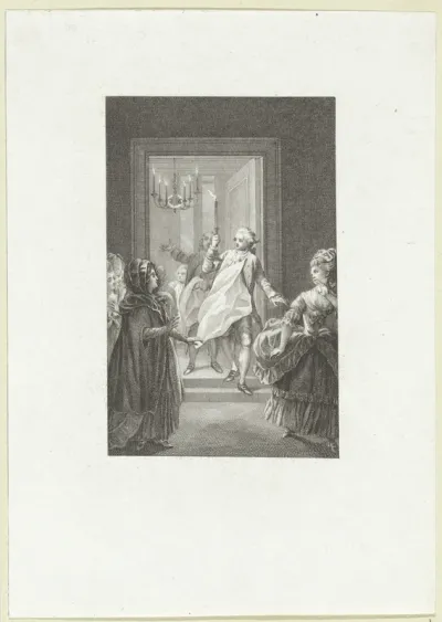 Heer met een kaars opent een deur waar enkele vrouwen voor staan