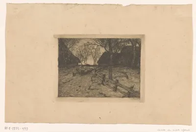 Heidelandschap met schaapskooien en een kudde schapen bij avond