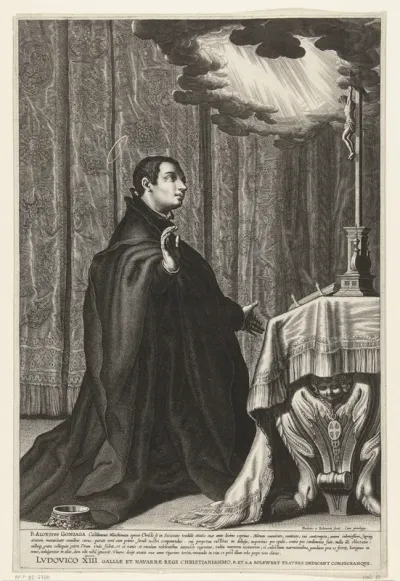 Heilige Aloysius van Gonzaga knielt voor crucifix