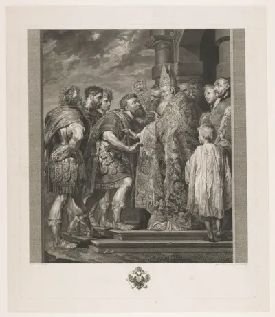 Heilige Ambrosius van Milaan weigert keizer Theodosius de toegang tot de kerk