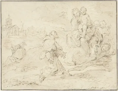 Heilige Antonius van Padua knielend in een landschap