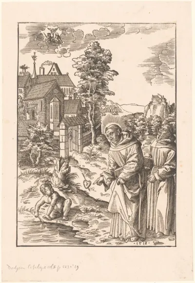 Heilige Augustinus met een kind die zeewater in gat in het zand lepelt