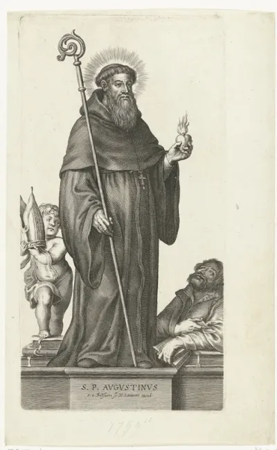 Heilige Augustinus van Hippo met brandend hart en gelovige